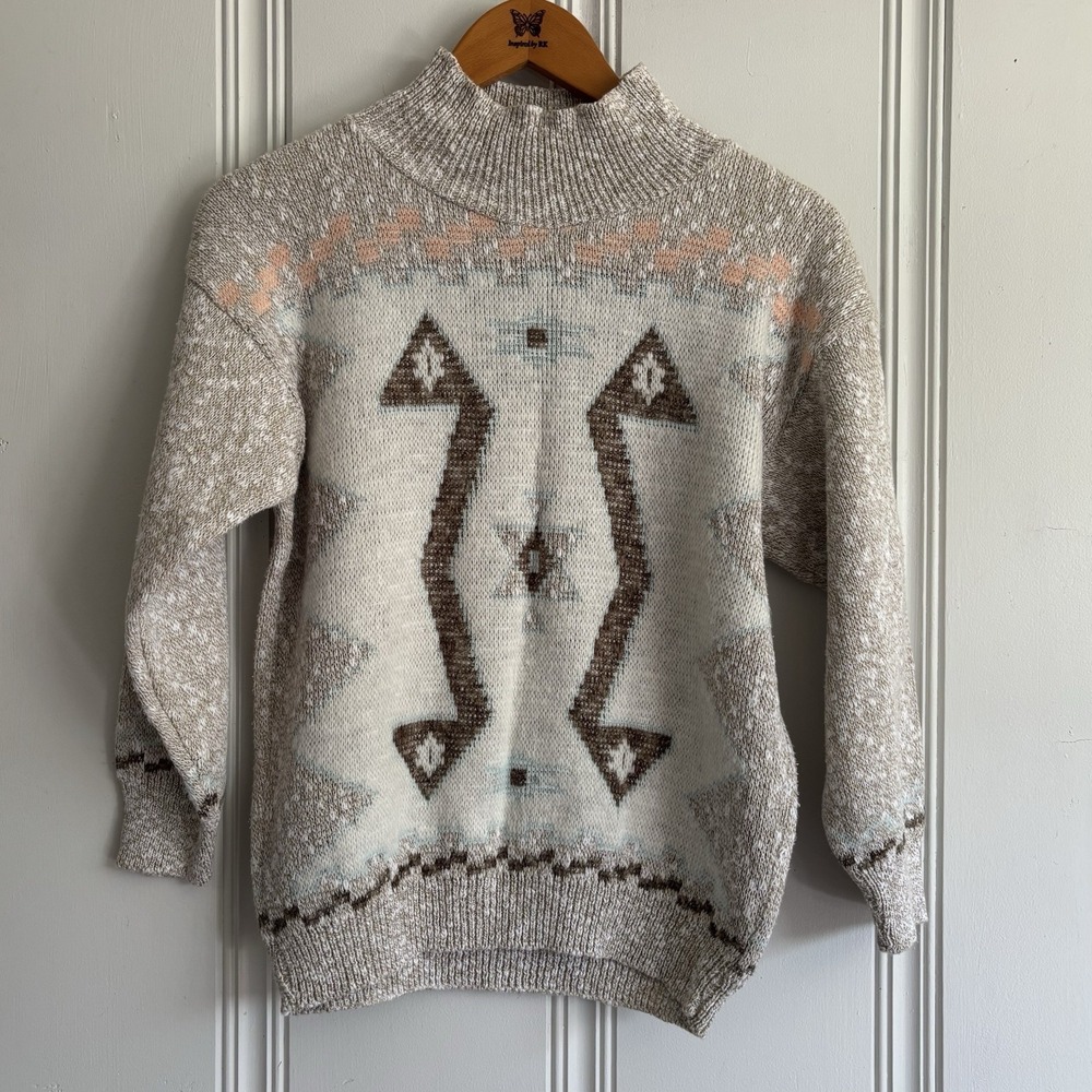 Vintage Women's Large Sweater Southwestern Aztec Sakura Sport Gray Beige Grandma